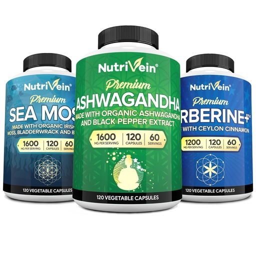 [BRSRABQBCUIBM234] Nutrivein Premium Irish Sea Moss Capsules, Berberine Supplements, and Ashwagandha Supplements Bundle: High-Absorption Berberine Hcl, Ashwagandha Root Extract, & Sea Moss for Digestion & Daily Balance