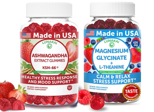 [BRSRE233B4BGK2T7] Lunakai USA Made Ashwagandha KSM-66 & Magnesium Glycinate Gummies Bundle – Daily Mood & Stress Support – 60 Non-GMO Gummies Each