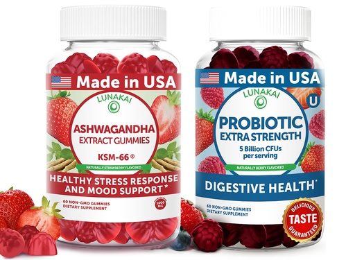 [BRSRE233BBYWCE33] Lunakai USA Made Ashwagandha KSM-66 & Probiotic Gummies Bundle – Daily Mood & Digestive Support – 60 Non-GMO Gummies Each