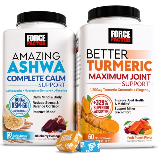 [BRSREEA5OUMBODI4] Force Factor Better Turmeric Maximum Joint Support, 1075mg Curcumin Amazing Ashwa Complete Calm Support with KSM-66 Ashwagandha, 120 Soft Chews