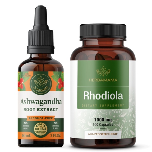 [BRSREYA5BAIQOCTU] HERBAMAMA Ashwagandha and Rhodiola Rosea Kit - Bundle of Ashwagandha Liquid Drops 2 Fl Oz & 1000mg Rhodiola Rosea Capsules - Vegan, Non-GMO, Gelatin-Free - 2 Pack