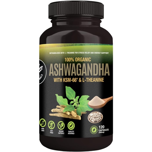 [BRSREZIEA4IGODI4] SUPREME HERBALS Organic Ashwagandha Capsules 500 mg with KSM-66® & L-Theanine, 120 Veggie Capsules – Non-GMO, Gluten-Free, Soy-Free – Withania Somnifera Herbal Supplement