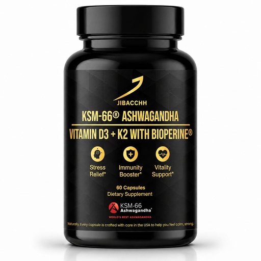 [BRSRGBT5DEHQIAA3] KSM-66® Ashwagandha Supplement 600 mg with Vitamin D3 5000 IU & K2 MK-7, BioPerine for Absorption, 4-in-1 - Stress Support, Mood & Immune Health - 60 Veg Capsules