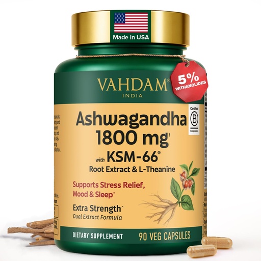 [BRSREHQNCQGRYHQV] VAHDAM Ashwagandha Supplement 1800mg with Ashwagandha Root Extract and L-Theanine | Support Stress Relief, Mood and Sleep | 90 Capsules
