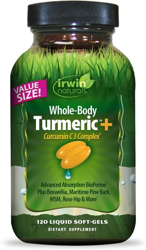 [BRSROFAHOUHQGDTA] Irwin Naturals Whole-Body Turmeric + Curcumin C3 Complex - 120 Liquid Soft-Gels - with Boswellia, Maritime Pine Bark, MSM & Rose Hip