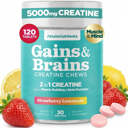 [BRSRECD6CR7RSDLH] Creatine Chews - 5000mg Creatine Monohydrate Tablets for Men & Women with Ashwagandha KSM-66 - Low Sugar Muscle Support & Cognitive Boost - Gummy Alternative - 120 Count (Strawberry Lemonade)