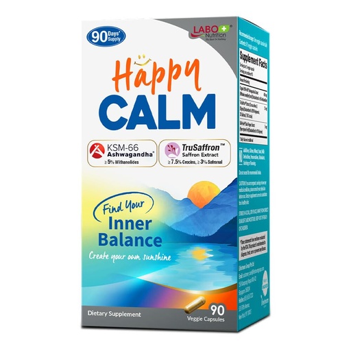 [BRSRAGQTCF6R6ET5] LABO Nutrition Happy Calm with KSM-66 Ashwagandha 5% Withanolides, Saffron Extract and Black Pepper Extract for Stress Relief, Energy, Quality Sleep & Relaxation, Non GMO 90 Veggie Capsules