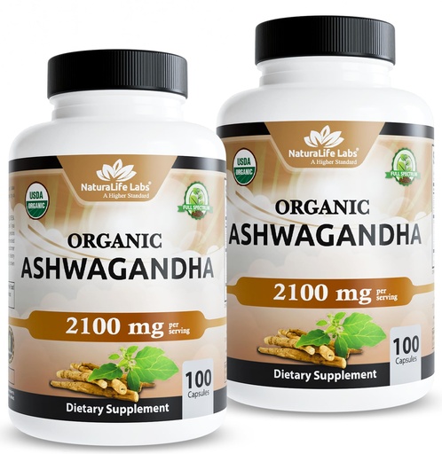 [BRSRECQDOIHRGCLJ] NaturaLife Labs Organic Ashwagandha 2100 mg per Serving – Full Spectrum Root Powder and Standardized Extract (Withanolides) – 100 Capsules – Vegan – Non-GMO, Gluten-Free (2 Pack)