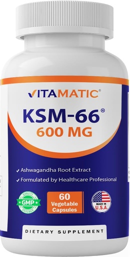 [BRSRAAIBAQMQAF36] Vitamatic KSM-66 Ashwagandha Root Extract + Bioperine - 600mg, 60 Veggie Caps (1200 mg per 2 Capsules)