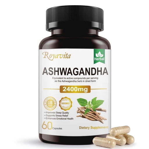 [BRSREEIQAEMQIFLD] Ashwagandha Supplements 2400mg Organic with Black Pepper Vitamin B12 & B6 for Max Absorption Stress Relief Athletic Performance for Men & Women 60 Capsules