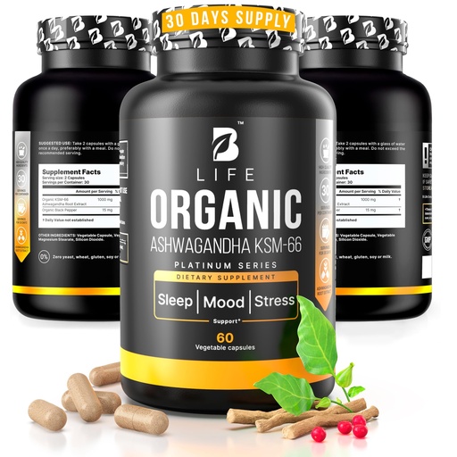 [BRSREZAQB4JWCCIU] Organic Ashwagandha KSM-66 1000 mg Supplement | Adaptogen for Cortisol Support & Stress Relief | Mood, Calm & Sleep Aid for Men & Women | Ashwagandha ritual vitamins for women | 60 Vegan Caps