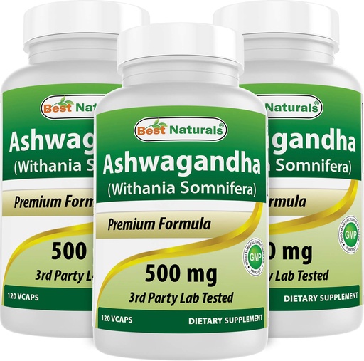 [BRSWGAYCAUCQ2HTV] Best Naturals 3 Pack Ashwagandha Capsules for Relaxing Stress and Mood, 500 mg, 120 Count (Total 360 Capsules)