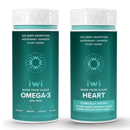 [BRSRAYL5O5YQ2GTG] Iwi Omega-3 & Heart Omega-3 Bundle, 30 Servings, Vegan Plant-Based Algae Omega 3, Krill & Fish Oil Alternative, No Fishy Aftertaste