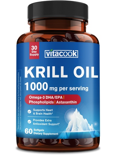 [BRSREHY3BEMAMG3U] Krill Oil 1000 mg, Omega 3 Fatty Acids, EPA, DHA, Astaxanthin, Phospholipids, Sustainably Sourced, Heart & Brain Health, Antioxidant Support, Non-GMO, 60 Softgels