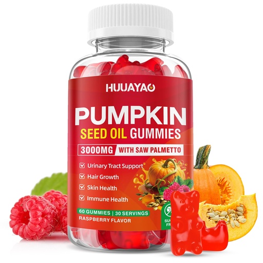 [BRSREAAEBUOQK3TJ] Pumpkin Seed Oil Gummies 3000MG, Organic Pumpkin Seed Oil with Saw Palmetto Supports Hair, Skin & Prostate Health High-Purity Extract for Women & Men, Raspberry Flavor, 60 Count