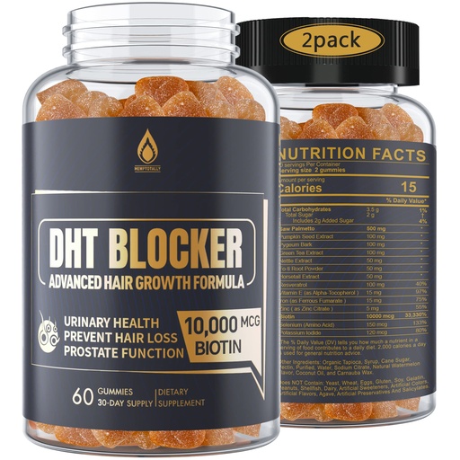 [BRSRMYAHBANQACLH] DHT Blocker Gummies Hair Growth Supplement, Super Potency Saw Palmetto & Biotin 10000 mcg for Women & Men, Plus 12 Proprietary Blend - Prevent Hair Loss, Blocking DHT Receptors, 2Pc/120ct