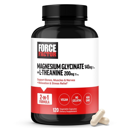 [BRSRAELRCN6B6YLF] Force Factor Magnesium + L-Theanine, Magnesium Bisglycinate Supplement to Support Bones, Muscles, Nerves, Relaxation, and Mood, Vegan, No Gelatin, Non-GMO, 120 Vegetable Capsules