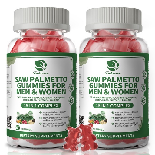 [BRSREZTRBEIR6YLO] Lukaree Saw Palmetto for Men & Women, 15 in 1 Saw Palmetto Extract Gummies with Pumpkin Seed Oil, Prostate Health Supplements for Men, Advanced DHT Blocker, Hair & Urinary Health Support, 2 Pack