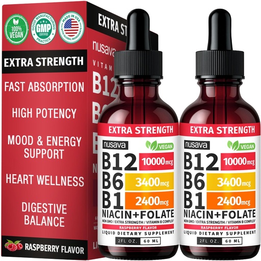 [BRSREZQ3CIBRUE36] (2 Pack) Extra Strength Liquid Vitamin B12 Sublingual Vitamin B Complex - B12 Drops 10000mcg - Methylcobalamin for Energy, Brain, and Heart Support, Raspberry Flavor, Non GMO, 2 Fl Oz (80 Servings)