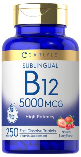 [BRSW2CQDAB6BECLP] Carlyle B12 Vitamin 5000 mcg Sublingual | 250 Fast Dissolve Tablets | High Potency | Natural Berry Flavor | Vegetarian, Non-GMO & Gluten Free
