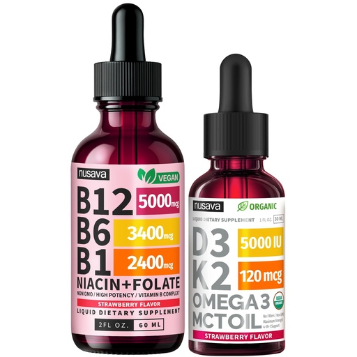 [BRSRGBQ3AQPB4YL4] (2-Pack) Vitamin B12 and B6 Methylcobalamin Liquid Drops (Strawberry) with (2-Pack) Vitamin D3 K2 Drops Bundle, B12 5000 mcg Sublingual, D3 5000 IU with MCT Oil and Omega 3 (Strawberry) 2 Fl Oz