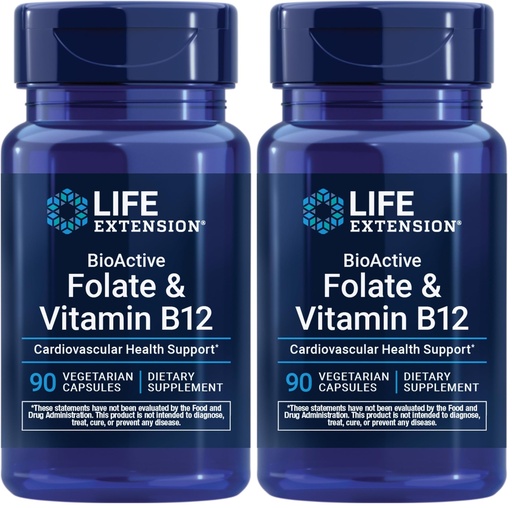[BRSRGGQKPMAWG3AV] Life Extension BioActive Folate & Vitamin B12,Promotes Heart,Brain & GI Tract Health,Non-GMO,Gluten-Free,Vegetarian,90 Capsules,(Pack of 2)