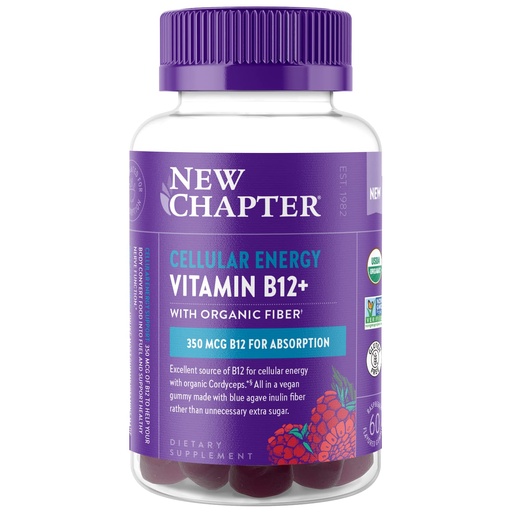 [BRSRMATROF7RQA37] New Chapter® Organic Vitamin B12+ Gummies – 47% Less Sugar§, USDA Organic Vegan B12, Two Daily Gummies for Cellular Energy Support with Cordyceps, Non-GMO, Gluten Free, Raspberry Flavored, 60ct