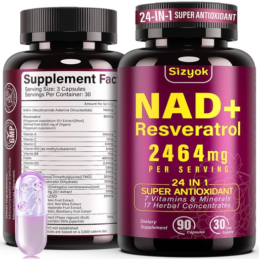 [BRSREAQCCIMAYCLJ] NAD Supplement 1100mg + Resveratrol 600mg – Advanced Liposomal NAD+ Capsules with Pterostilbene & Quercetin