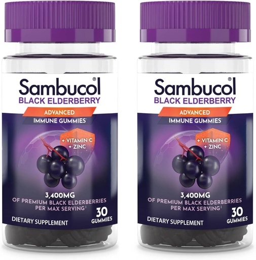 [BRSWGYI7OAMBQCYZ] Sambucol Mangas de arándano negro con vitamina C & Zinc - Sambucus Gummies de arándano para soporte inmunitario, Altas Antioxidantes, Gluten Gratis, Vegan, Elderberry con zinc &amp; vitamina C - 30 Conde, 2 Pack