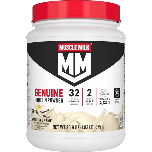 [BRSRMZYFOYOWG332] Muscle Milk Genuine Protein Powder, Vanilla Crème, 1.93 Pounds, 12 Servings, 32g Protein, 2g Sugar, Calcium, Vitamins A, C & D, NSF Certified for Sport, Energizing Snack, Packaging May Vary