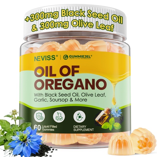 [BRSREAT4PIJQ4EL6] Oil of Oregano with Black Seed Oil Gummies, Elderberry & Garlic, 12-in-1 Oregano Oil Supplement w/ Vitamin C, D3 & Zinc for Immune & Respiratory Support, Aceite de Orégano Cápsulas Replacement, 60 Cts