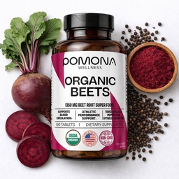 Pomona Wellness Beetroot Supplement Capsules 1350mg, Supports Blood Pressure, Heart Health, Circulation, Energy & Athletic Performance, USDA Organic Beetroot, Non-GMO, Vegan, 60 Tablets