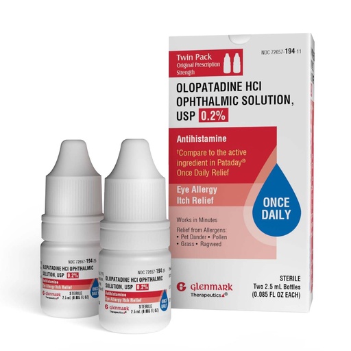 [BRSREYICBYJROCY6] Glenmark Therapeutics Once Daily Olopatadine Eye Drops for Allergies, Redness Relief, Antihistamine, Allergy Relief from Pet Dander, Pollen, Grass, Ragweed, Olopatadine HCl 0.2%, 2.5ml (Twin-Pack)