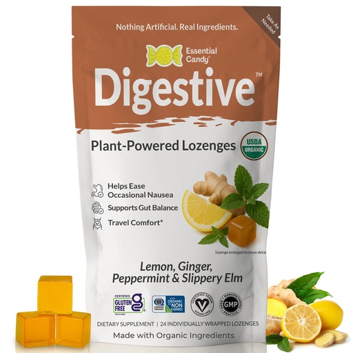 [BRSW2AABBUJRSCA2] Digestive Blend Functional Lemon Ginger Lozenges for Nausea, Stomach Settle Support & Travel Sickness with Peppermint & Slippery Elm Plant-Based Lozenges 24 Ct. Made in USA