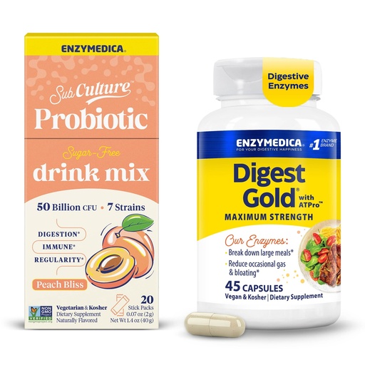 [BRSRGAYDCQPBGDLZ] Enzymedica Digest Gold & SubCulture Probiotic Drink Mix Powder - Digestive Enzyme Supplement for Women & Men, Helps Gas & Bloating, Probiotics for Gut Health 50 Billion CFU, Peach Bliss - Pack of 2