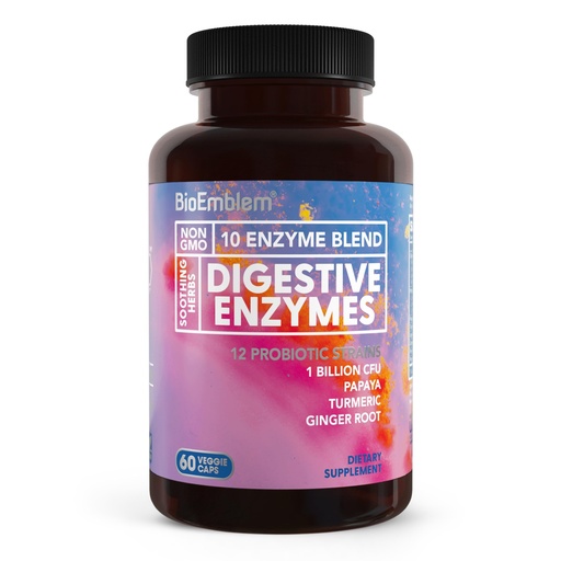 [BRSRAAT7AR6BSHLV] BioEmblem Digestive Enzymes - 10 Enzymes w/ 12 Strain 1 Billion CFU Probiotics for Nutrient Absorption & Digestive Support - Papaya, Bromelain & Papain to Help Bloating & Gas - Non-GMO - 60 Capsules