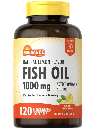 [BRSWYCY3C4NA2G3G] Sundance Fish Oil Softgels 1000mg | 120 Count | Purified to Eliminate Mercury | with 300mg Active Omega-3 | Natural Lemon Flavor | Non-GMO and Gluten Free Supplement