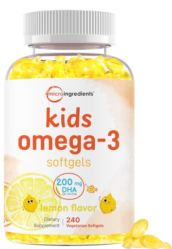 [BRSRGYLYBV7AEDTV] Micro Ingredients Kids Omega-3 Fish Oil, 240 Veggie Softgels | Vegan Omega 3 with 200mg DHA | Lemon Flavored | Fish Oil Alternative from Algae Oil | No Fishy Smell or Aftertaste