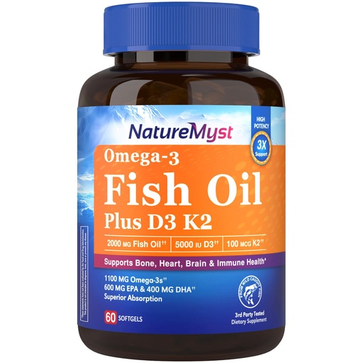 [BRSREH32CQNAKF3L] Omega-3 Fish Oil 2000 mg, Vitamin D3 K2 (MK-7), 1100 mg Omega-3 Supplements for Women & Men, 600 mg EPA, 400 mg DHA, Bone, Heart, Brain & Immune Health, 60 Softgels