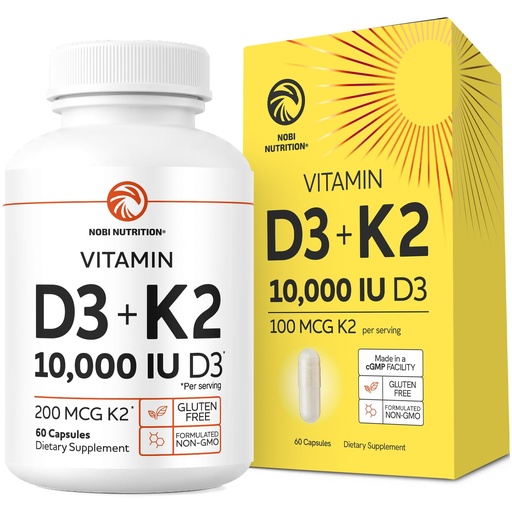 [BRSWGCD5OYCB6D3H] Vitamin D3 K2 | 10000iu D3 + 200mcg K2 | Bone, Immune, Energy & Mood Support | High Absorption Formula | Gluten-Free & Non-GMO | Once-Daily D3K2 Vitamin Supplement | 60 Capsules (2 Month Supply)