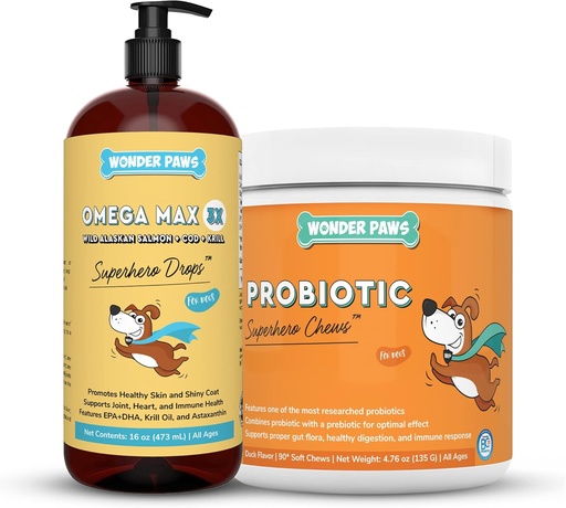 [BRSRMZAYOZ5AADTD] WONDER PAWS Omega Max Fish Oil Plus Probiotic Chews - for Dog Joint Health, Skin Moisture, Gut Health & Daily Wellness - Omega Max 16 Ounces - Probiotic 90 Chews