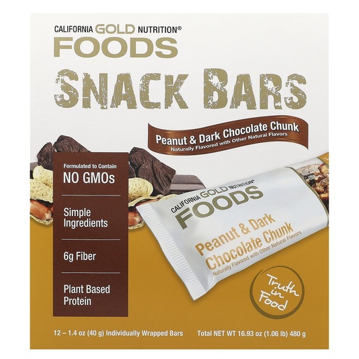 [BRSWGEACCJ7BGGT2] California Gold Nutrition Foods, Peanut & Dark Chocolate Chunk Bars with Dry Roasted Almonds, Chicory Root Fiber, Pea Crisps and Honey, 12 Bars, 1.4 oz (40 g) Each