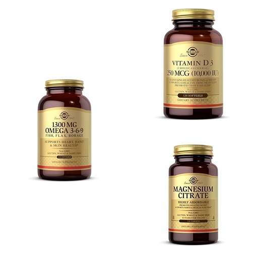 [BRSREAT5OF5G23DO] Solgar Omega-3-6-9, Vitamin D & Magnesium Bundle Omega-3-6-9-, 120 Softgels + Vitamin D3 (Cholecalciferol) 250 MCG (10,000 IU), 120 Softgels + Magnesium Citrate, 120 Tablets