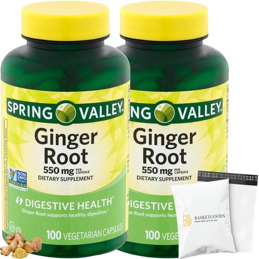 [BRSRACQ3PIBA2FL4] Spring Valley Ginger Root 550mg, Dietary Supplement Capsules, Digestive Health, 100 Count per Bottle (Pack of 2), Set with Basket Goods Store Polybag (1)