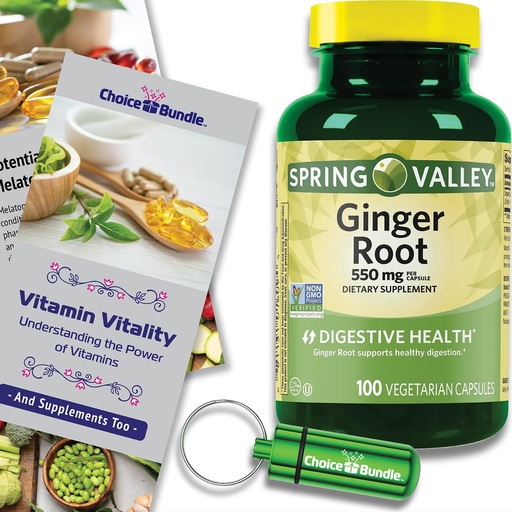 [BRSREAT2OEGRSC36] Choice Bundle Spring Valley Ginger Root Digestive Health Dietary Supplement Capsules 550 mg 100 Ct Plus Vitamin Vitality & Pill Container (3 Items)!