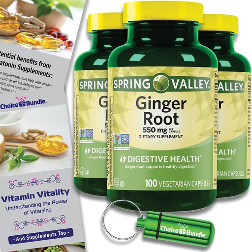 [BRSREAT3DEOWGCI6] Choice Bundle Spring Valley Ginger Root Digestive Health Dietary Supplement Capsules, 550 mg, 100 Count 3 pk (300 Total) + Vitamin Vitality & Pill Container (5 Items)!