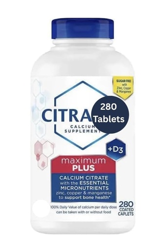[BRSRGZYDAUCBQYAZ] Citra Maximum Plus, Calcium Citrate + Vitamin D3 Supplement Tablets, 280 ct.