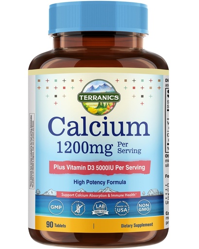 [BRSREZQCPN7QMD35] Terranics Calcium 1200 mg with Vitamin D3, High Absorption Calcium Supplement for Women and Men, Supports Bone, Teeth & Immune Health, Easy-to-Swallow Coated Tablets, 90 Count