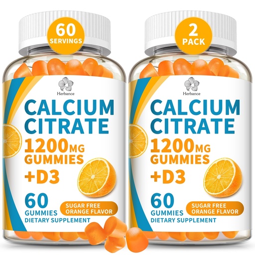 [BRSREGAFCAFB63Y4] (2 Pack) Calcium Citrate 1200 mg Gummies with Vitamin D3, High Absorption Calcium Supplements for Women & Men, Sugar Free, Non-GMO, Gluten Free, Supports Muscle & Immune - Orange Flavor