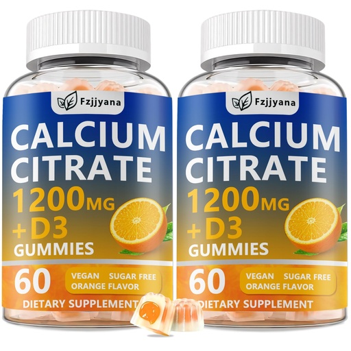 [BRSRGGD7AABGGHY2] (2 Pack) Calcium Citrate with Vitamin D3 Gummies, 1200 mg Calcium Supplement for Women & Men, Supports Bone, Muscle & Teeth Health, Liquid-Filled Gummies with 5X Faster Absorption, Vegan - 120 Count